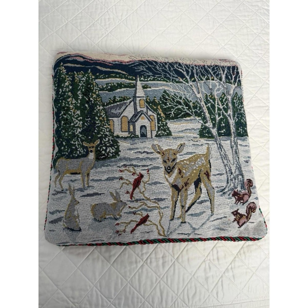 Tapestry Pillow Winter Scene of Deer Chapel Cardinal Woodland Snowy Scene 16x16